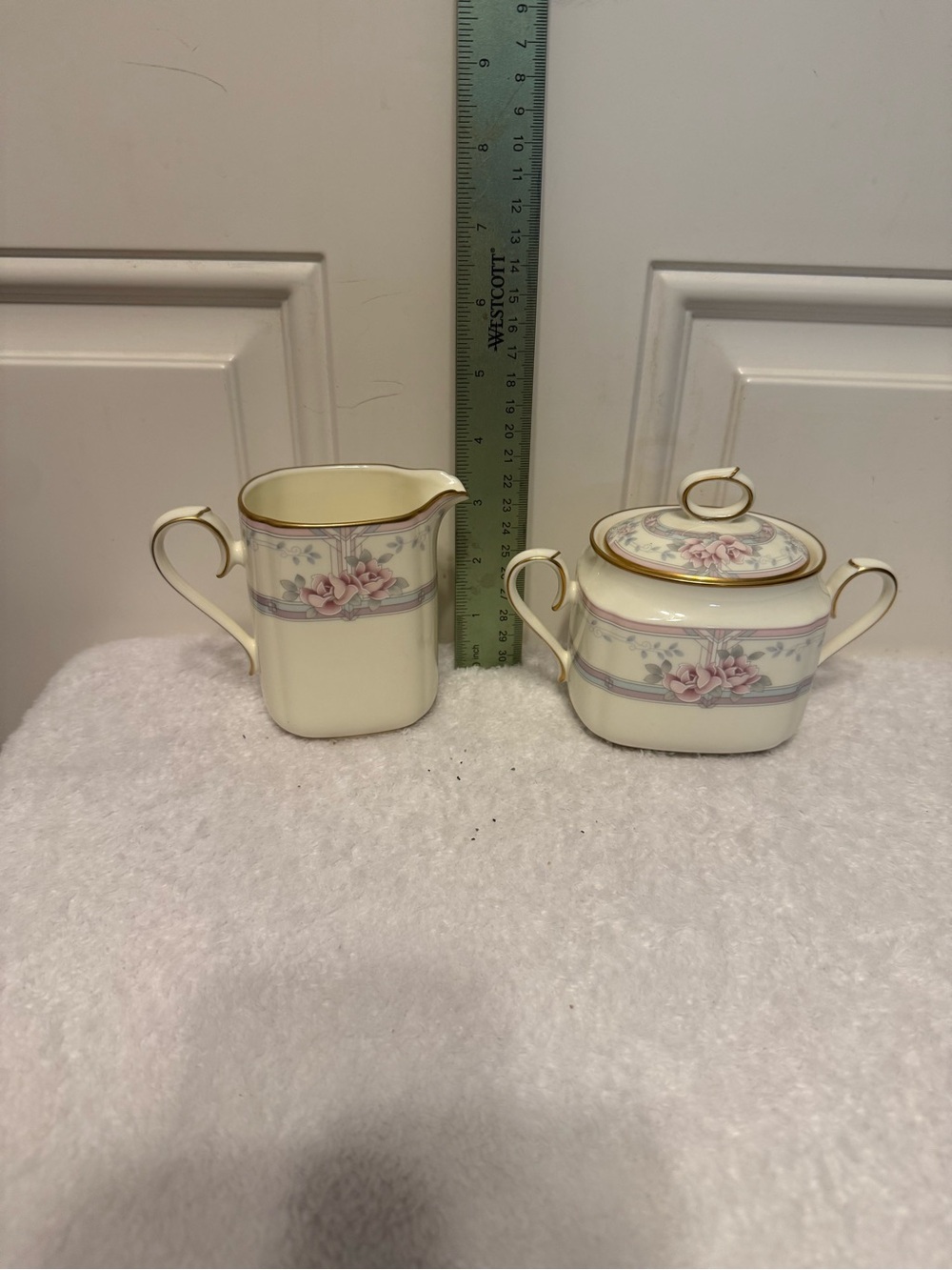 Porcelain Noritake Creamer and Sugar Set with Pink Floral Banding
